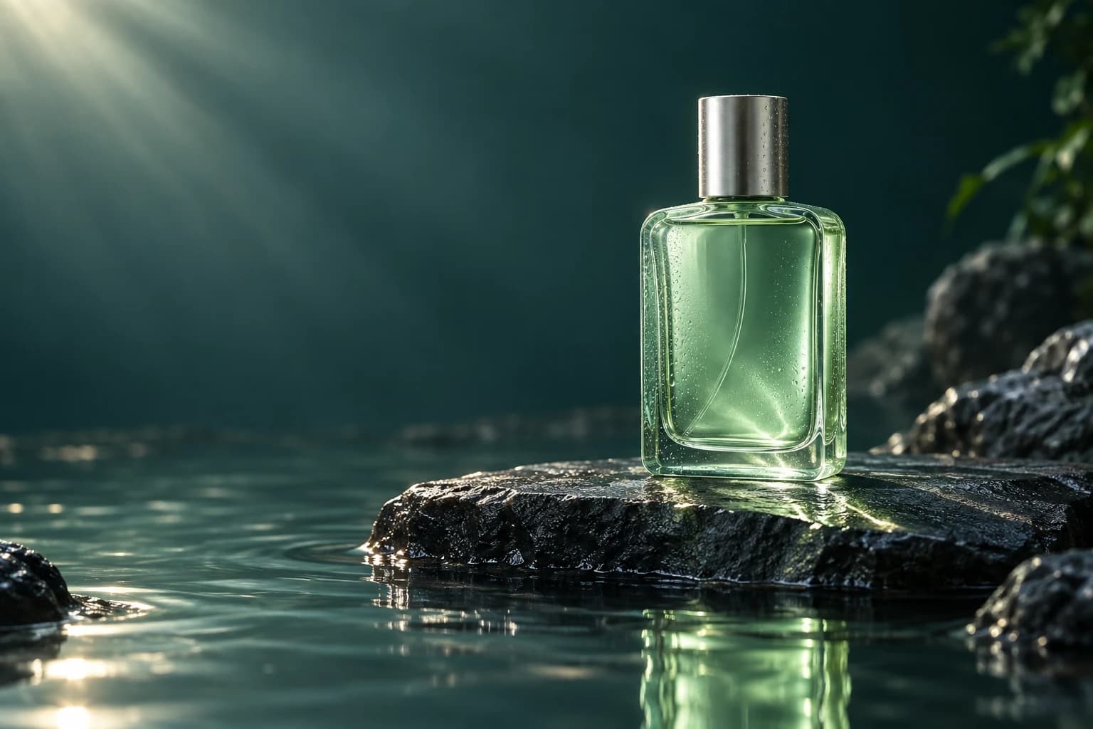 A mint-green perfume bottle on dark stone in water, lit by warm sunlight.