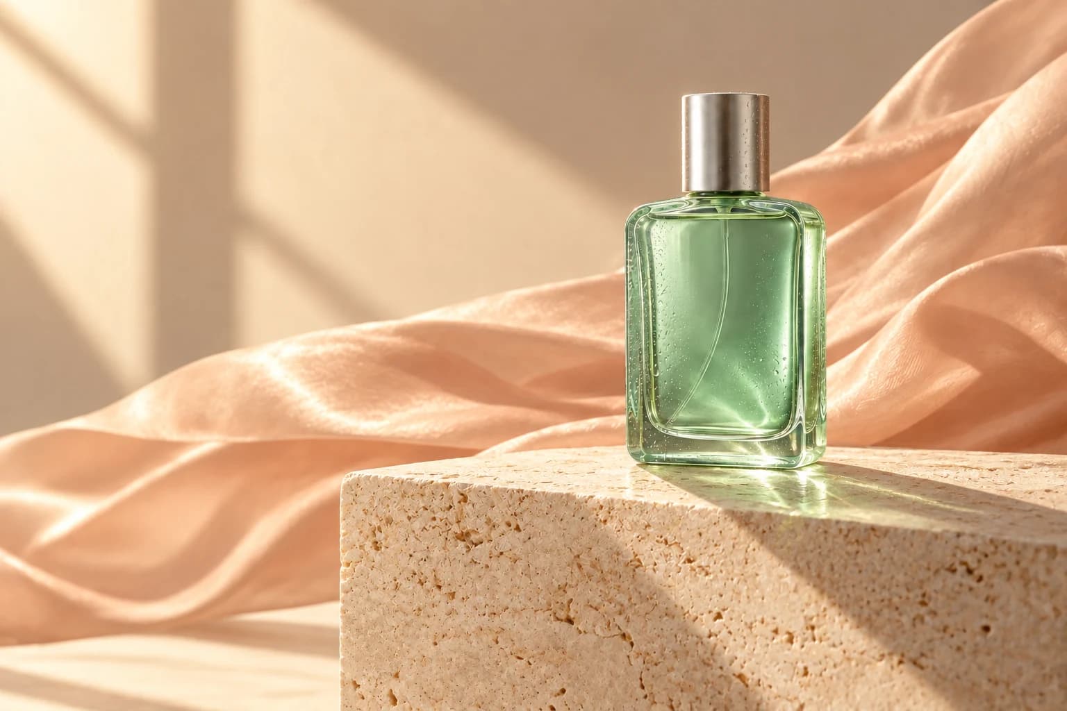 The same mint perfume bottle on cream travertine with peach fabric and studio lighting.