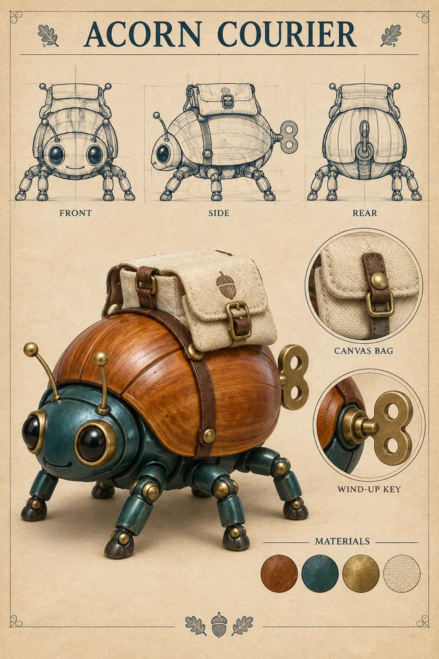 A collectible wind-up beetle courier toy is shown with orthographic sketches, material swatches and construction details.