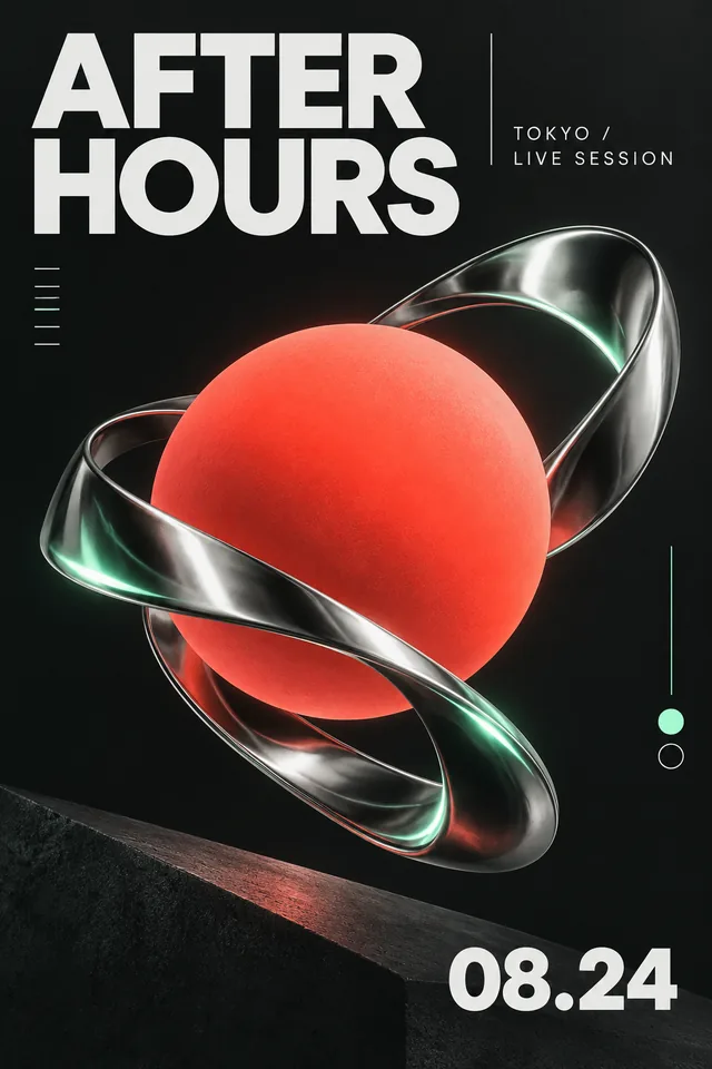A dark music poster with AFTER HOURS typography, a chrome ribbon and a coral sphere.