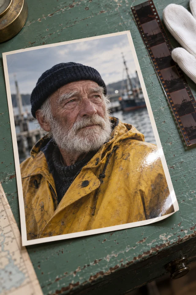 An angled glossy portrait print of an elderly sailor rests on a sea-green archival table beside a negative strip.