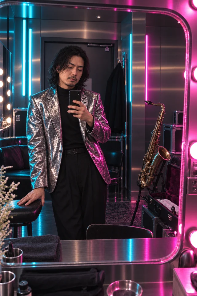 The same musician in a metallic silver jacket under cyan and magenta dressing-room lights.