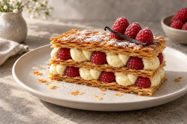 Raspberry and vanilla mille-feuille on an ivory plate in soft daylight.