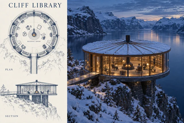 A circular cliffside library is presented as an architectural plan beside a winter exterior visualization.