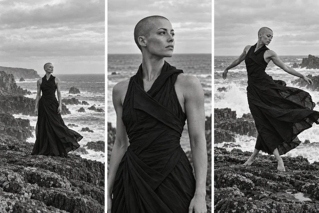 Three side-by-side black-and-white photographs show the same dancer in a black dress on a windswept rocky coast.