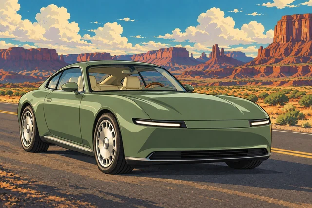 The same sage-green coupe and desert road drawn with crisp ink outlines, cel shading and painted clouds.