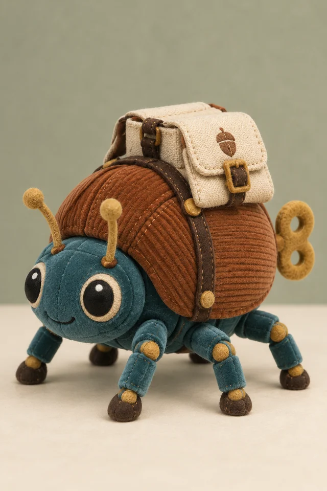 A sewn plush version of the acorn courier beetle with a chestnut shell, teal face, six soft legs and cream mailbag.