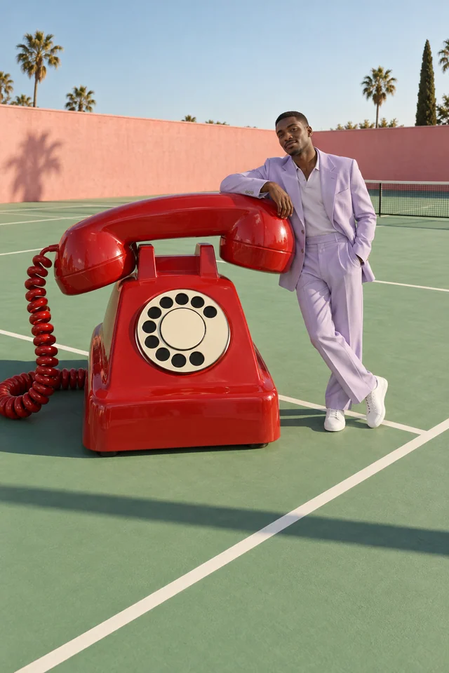 A model in a lavender suit interacts with an enormous cherry-red rotary telephone on a mint-green tennis court.