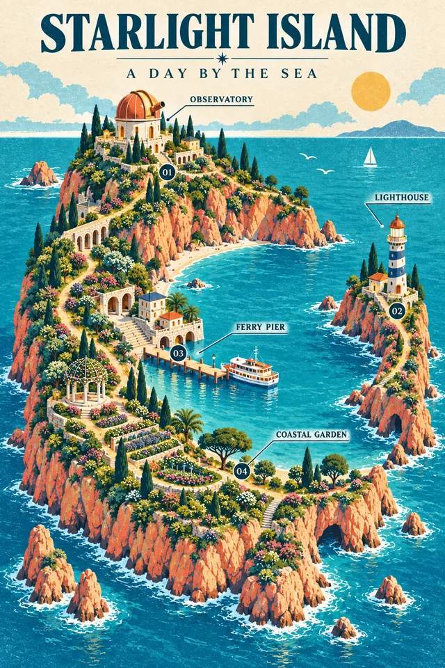 The crescent island map transformed into a sunny flat screen-print travel poster with the same observatory, lighthouse, pier and garden.