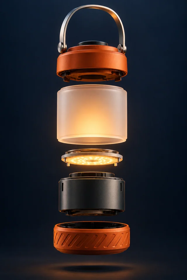 An orange camping lantern separated into floating component layers against a deep navy studio background.