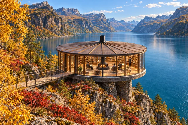 The same circular cliffside library in warm autumn sunlight, surrounded by golden trees above a turquoise fjord.