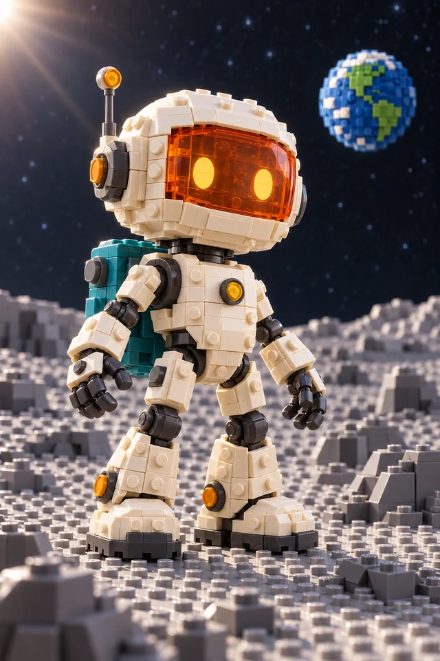 The reference ivory and teal lunar robot rebuilt from visibly studded plastic construction bricks, including the moon terrain.