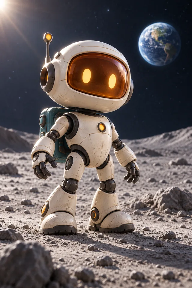 A small ivory and teal robot with an orange visor standing on the moon.