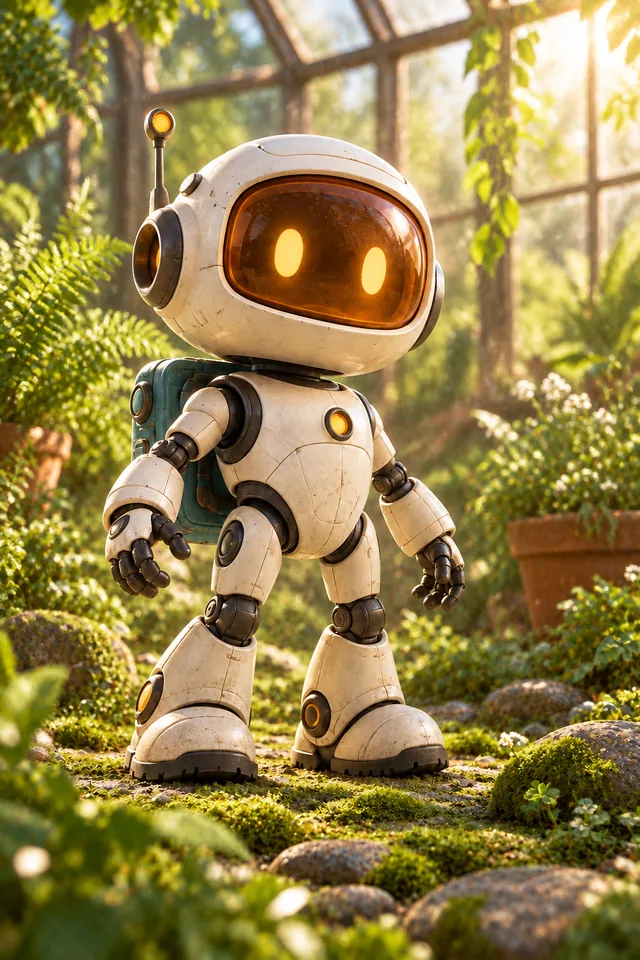 The same ivory and teal robot in a lush miniature greenhouse with ferns and warm sunlight.