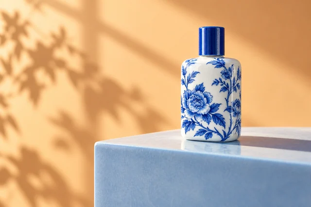 The reference perfume bottle reimagined in glossy white porcelain with cobalt botanical motifs on an apricot studio set.