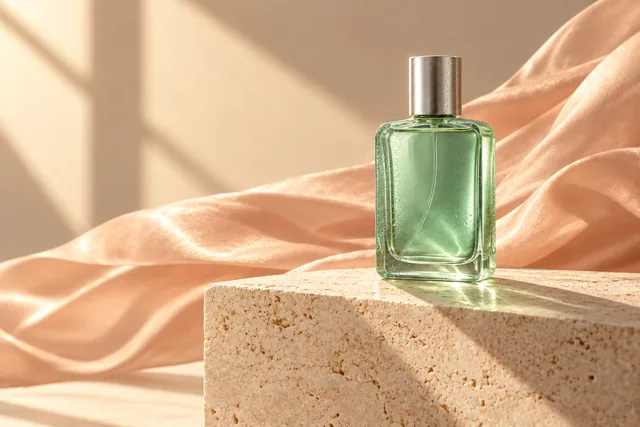 The same mint perfume bottle on cream travertine with peach fabric and studio lighting.