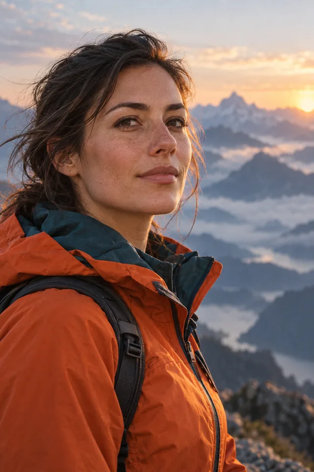 An original woman explorer in an orange jacket against misty mountains at sunrise.