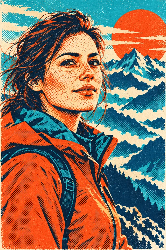 The same mountain explorer rendered as a bold orange, cyan and navy halftone screen print.