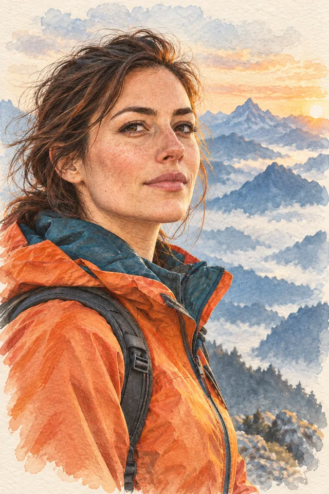 A watercolor illustration of the reference explorer, preserving her orange jacket and mountain setting.