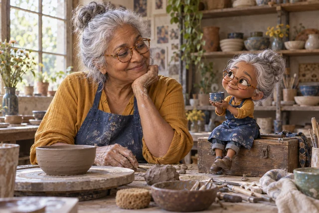 An older woman potter smiles at a small animated-style version of herself sitting on the pottery workbench.