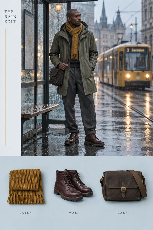A menswear editorial featuring an olive raincoat, mustard scarf and walking boots, with an outfit flat lay and rainy tram-stop portrait.