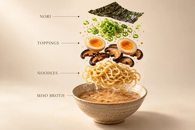 The reference ramen bowl re-staged as a floating ingredient composition showing nori, scallions, mushrooms, eggs and noodles above broth.