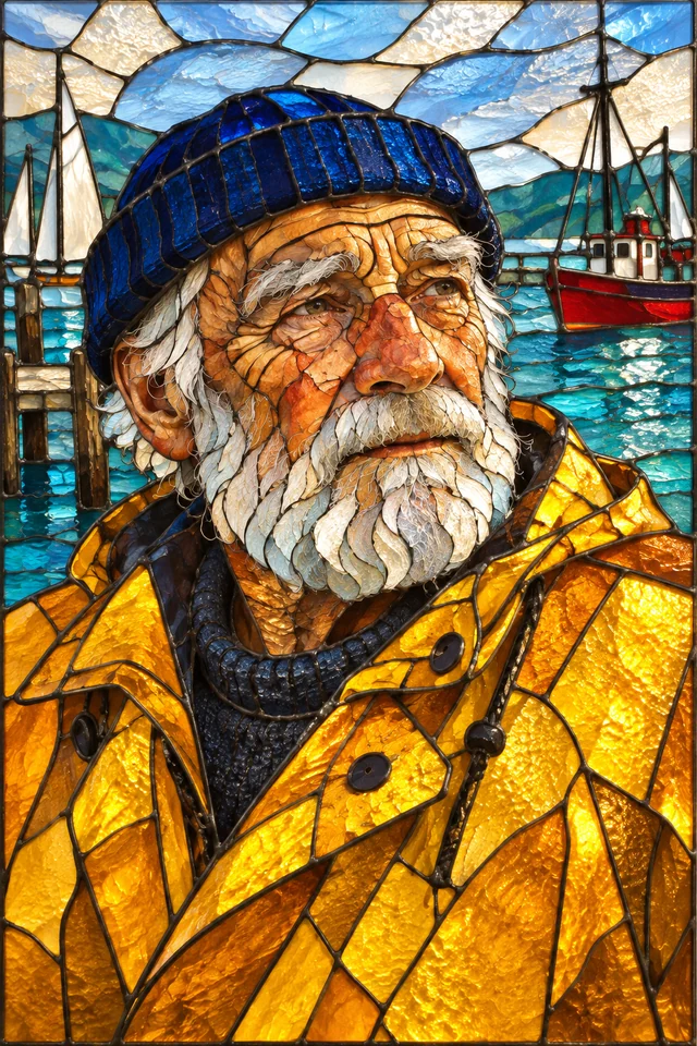 The elderly sailor's portrait transformed into a luminous stained-glass panel with navy cap, ivory beard, amber coat and turquoise harbor.