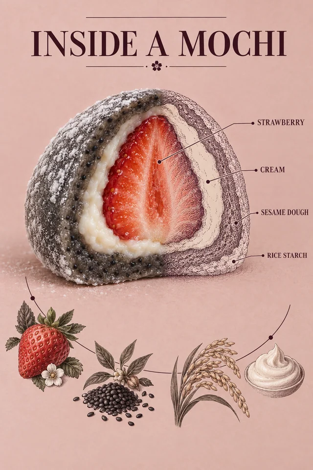 A cutaway black sesame and strawberry mochi infographic combines a realistic dessert with precise ingredient drawings.