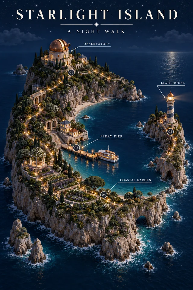 A night-time isometric island visitor guide with a lighthouse, observatory and glowing coastal walking trail.