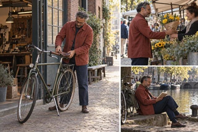 An editorial photo story of a middle-aged cyclist preparing a bicycle, visiting a flower market and reading beside a canal.