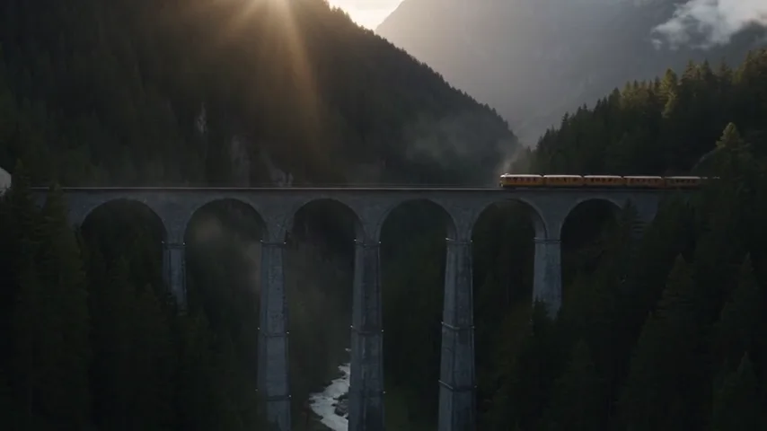 A wide video frame of a train in an alpine valley