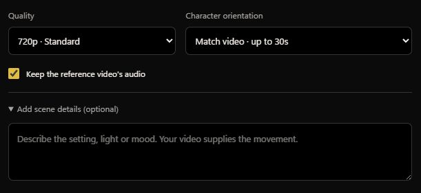 Quality, character orientation, original audio and optional scene details in Kling Motion Control