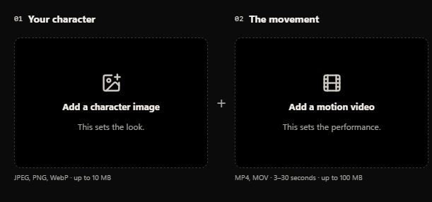 Character image and motion video input boxes in Kling Motion Control