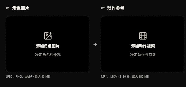 Kling Motion Control 的角色图片和动作视频选择框